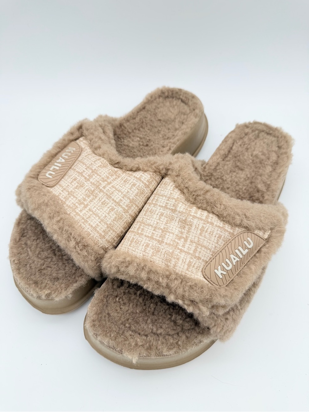 KUAILU Faux Fur Tweed Platform Slide Slippers Tan Beige W12 / M10